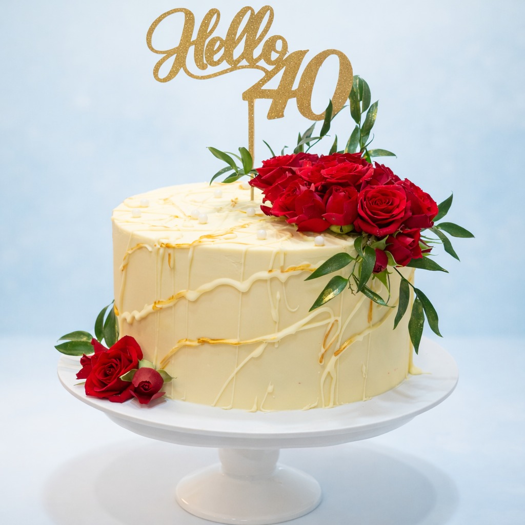 Tort aniversar Hello 40 cu trandafiri roșii și topper auriu
