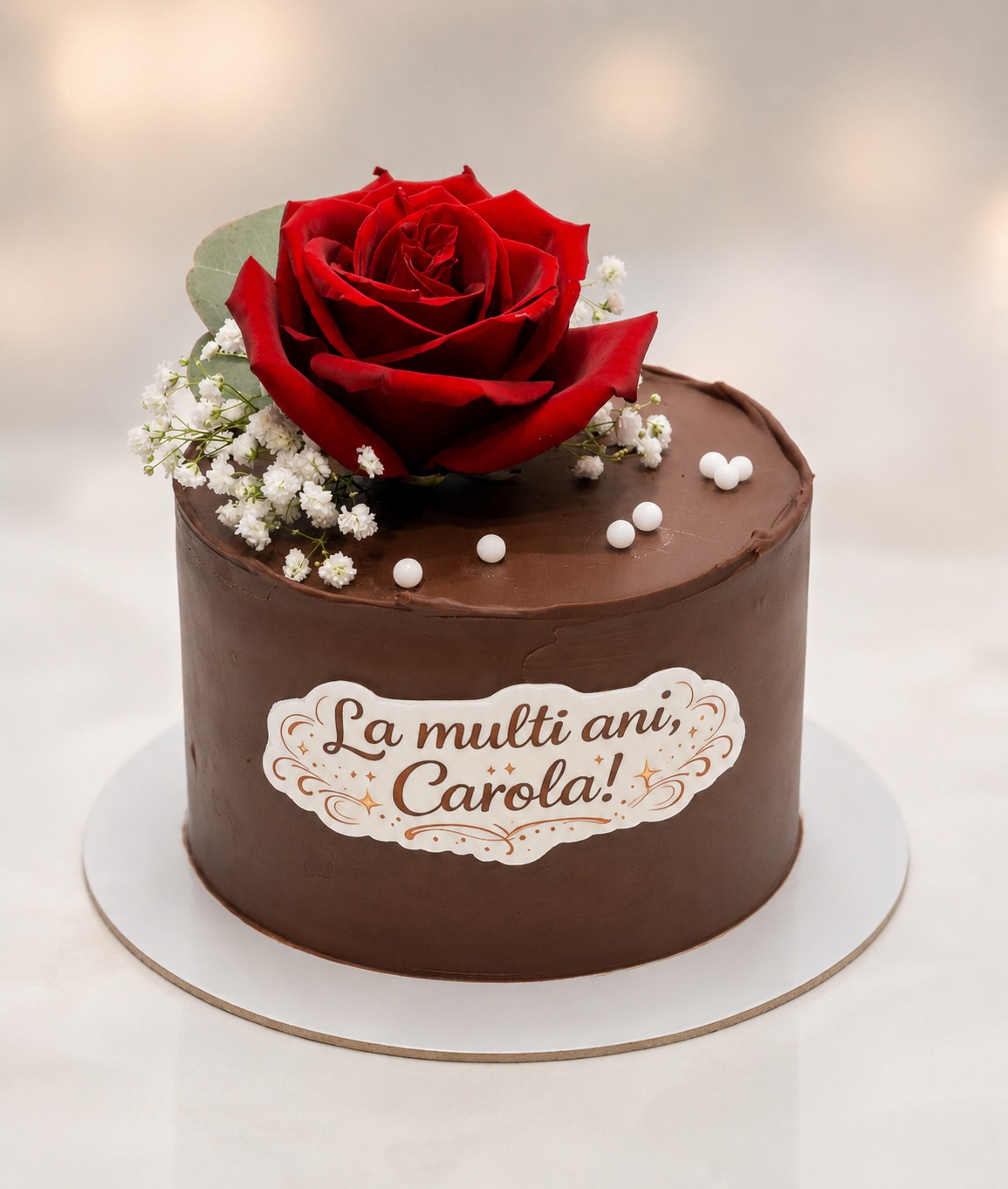 Tort de ciocolată cu trandafir roșu și mesaj pentru Carola